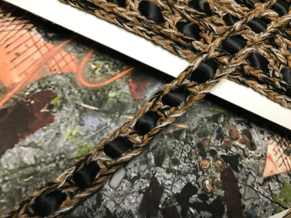 Shades of Brown/Off White/Tan/Copper - w/Black Satin Ribbon - French Trim -  7/8" Wide.