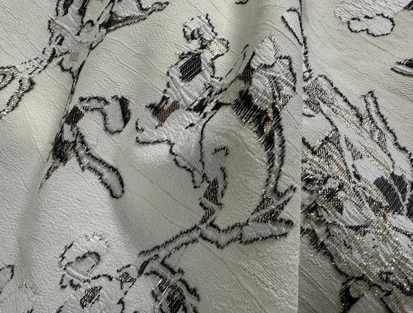 Dark Grey w/Gold Lurex Filigree  on Off White Background -  3D French Jacquard Fabric - 150 cm Wide.