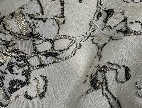 Dark Grey w/Gold Lurex Filigree  on Off White Background -  3D French Jacquard Fabric - 150 cm Wide.