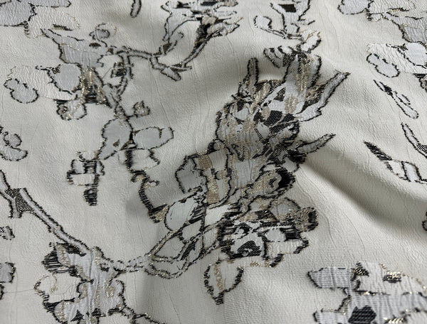 Dark Grey w/Gold Lurex Filigree  on Off White Background -  3D French Jacquard Fabric - 150 cm Wide.