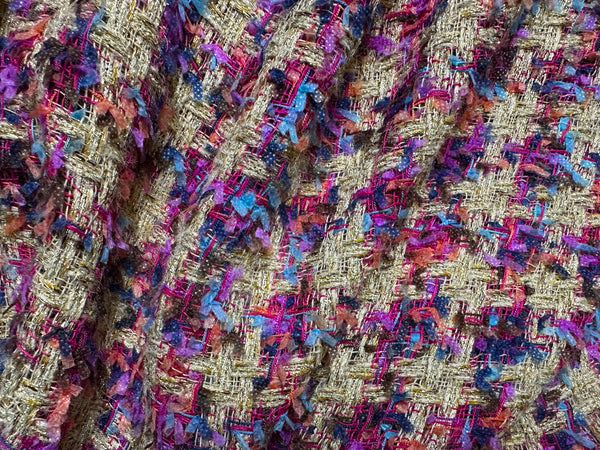 Multi Color Ribbons on a Checkered  Pattern w/Gold Metallic Threads - Double Faced French Tweed - 154 cm Wide.