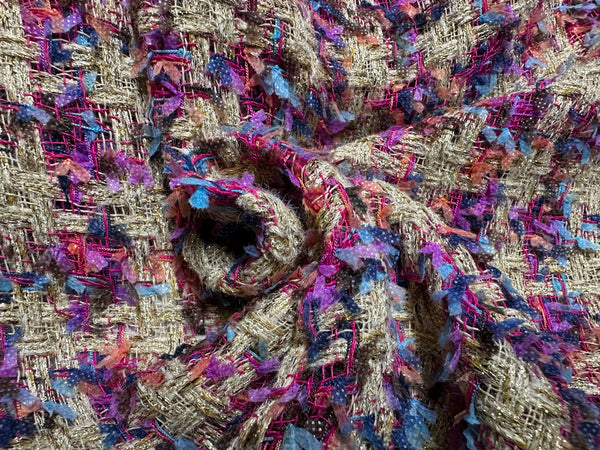 Multi Color Ribbons on a Checkered  Pattern w/Gold Metallic Threads - Double Faced French Tweed - 154 cm Wide.