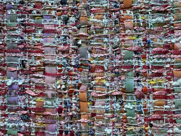 Multi Colors Textured  Ribbons  W/Gradient Silk Ribbons/Gold, Small Multi Color Sequins - French Tweed - 154cm Wide.