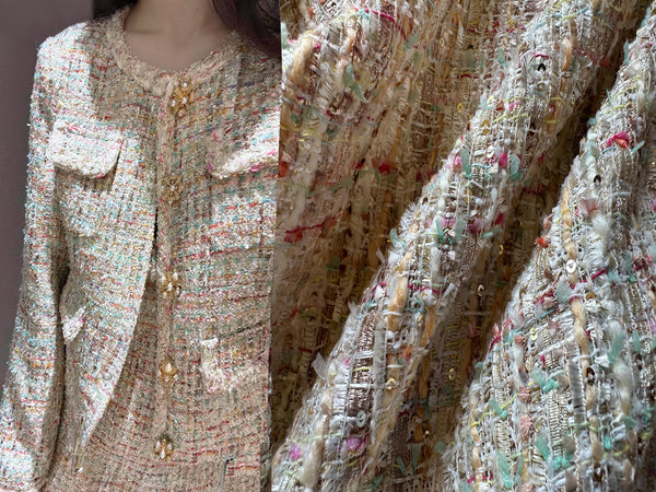 Multi Pastel Colors w/Small Silver Sequins - French Tweed - 150 cm Wide.