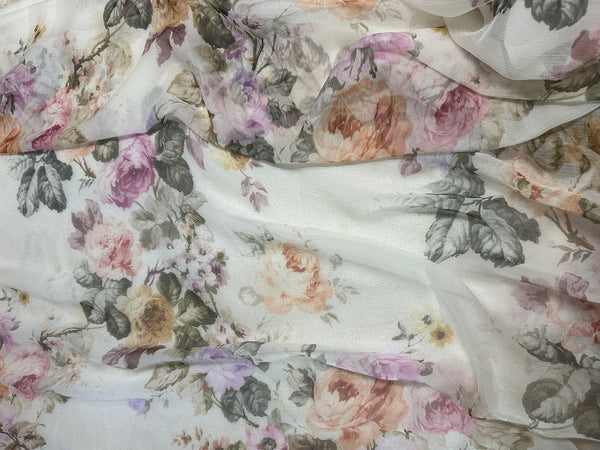 Floral Mulberry Silk Chiffon Fabric - French Crinkled, 138cm Wide