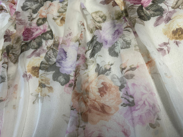 Floral Mulberry Silk Chiffon Fabric - French Crinkled, 138cm Wide