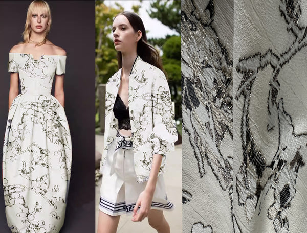 Dark Grey w/Gold Lurex Filigree  on Off White Background -  3D French Jacquard Fabric - 150 cm Wide.