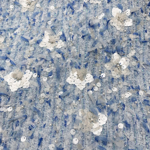 Shades of Blue/White All over Embroidered  w/Pearlized  Sequins Flowers/Glass Cristal Beads/Pearls/Ribbons - French Tweed - 152 cm Wide.