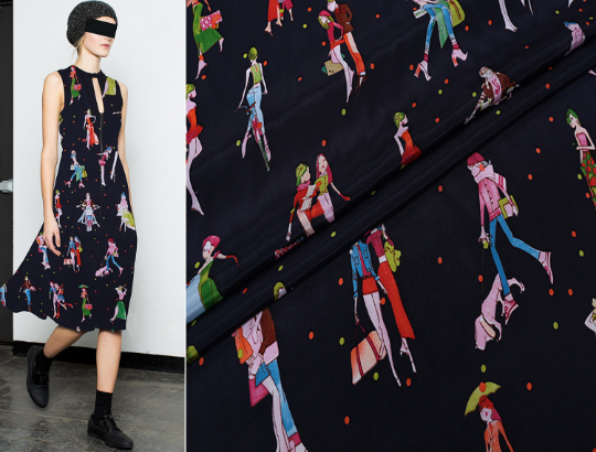 Multi Color Fun Print on Black Background - Italian Silk Crepe de Chine - 16 MM - 117cm Wide.