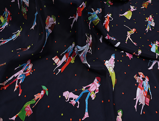Multi Color Fun Print on Black Background - Italian Silk Crepe de Chine - 16 MM - 117cm Wide.