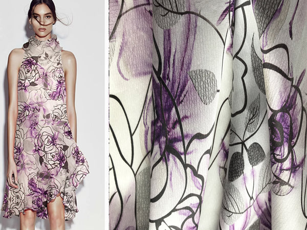 Shades of /Purple/Black/Grey Floral Print on White  Background- French Silk Organza Eugene - 100%  Mulberry Silk - 16 MM.