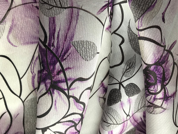 Shades of /Purple/Black/Grey Floral Print on White  Background- French Silk Organza Eugene - 100%  Mulberry Silk - 16 MM.