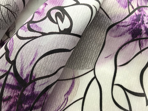 Shades of /Purple/Black/Grey Floral Print on White  Background- French Silk Organza Eugene - 100%  Mulberry Silk - 16 MM.