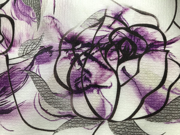 Shades of /Purple/Black/Grey Floral Print on White  Background- French Silk Organza Eugene - 100%  Mulberry Silk - 16 MM.