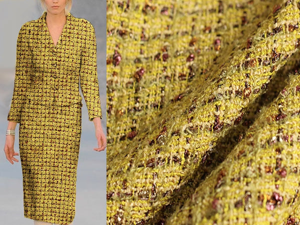 Saffron Yellow w/Antique Gold and Silver Metallic Threads Speckles  - Double Faced French Tweed - 153 cm Wide.