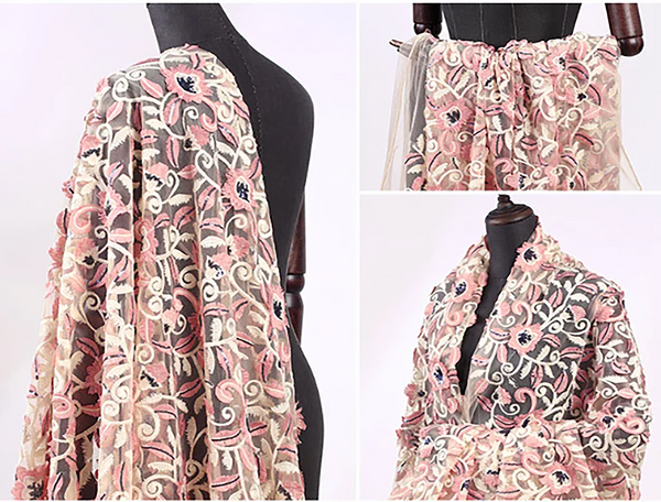 Pink and Ivory Floral Embroidery w/Blue Sequins - Italian  Embroidered Tulle Lace - 125 cm Wide.