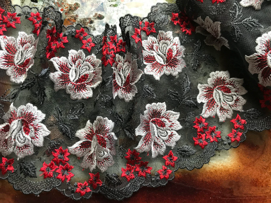 Double Edge - Red White on Charcoal Grey Background Silky and Shiny - Soft Tulle Embroidered Lace - 16 cm Wide.