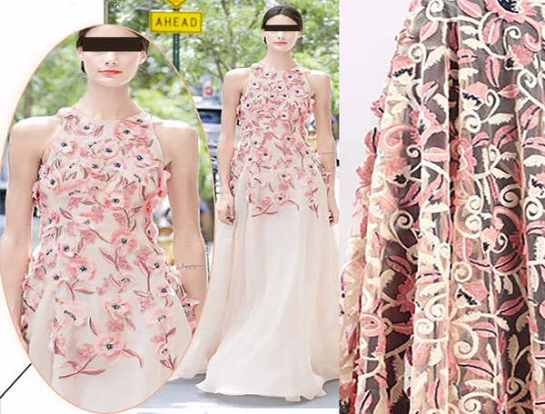 Pink and Ivory Floral Embroidery w/Blue Sequins - Italian  Embroidered Tulle Lace - 125 cm Wide.