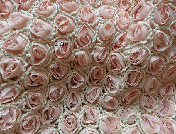 Peach Powder Small All Over Rosettes w/Ivory Rope on Pink Tulle -  Italian Lace - 148 cm Wide.