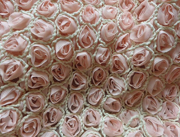 Peach Powder Small All Over Rosettes w/Ivory Rope on Pink Tulle -  Italian Lace - 148 cm Wide.