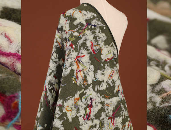 Multi Color Design on Olive Green Background -  Italian Woolen - 145 cm Wide.