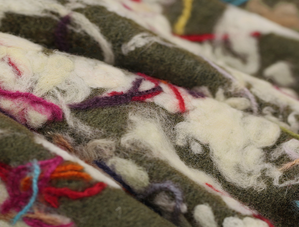 Multi Color Design on Olive Green Background -  Italian Woolen - 145 cm Wide.