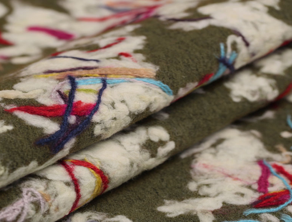 Multi Color Design on Olive Green Background -  Italian Woolen - 145 cm Wide.