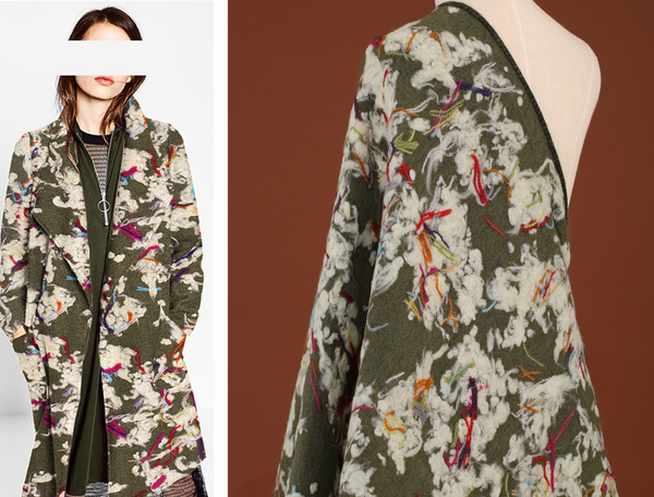 Multi Color Design on Olive Green Background -  Italian Woolen - 145 cm Wide.