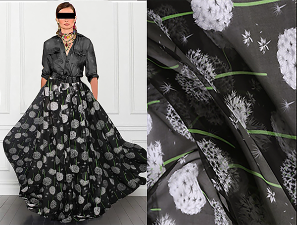 White/Grey Floral Print on Black Silk Organza -  100%  Mulberry Silk - 12 MM - 132 cm Wide.
