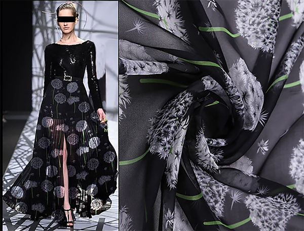 White/Grey Floral Print on Black Silk Organza -  100%  Mulberry Silk - 12 MM - 132 cm Wide.