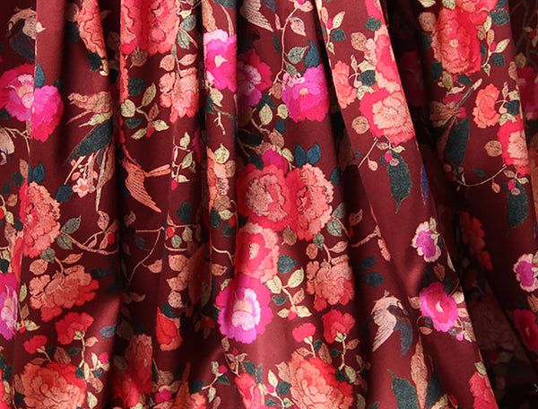 Multi Color Floral Print on Marron Background - Stretch Silk Satin - 120 cm Wide.