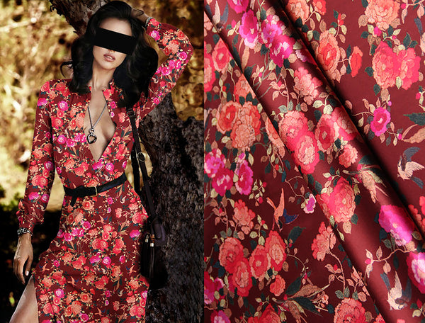Multi Color Floral Print on Marron Background - Stretch Silk Satin - 120 cm Wide.
