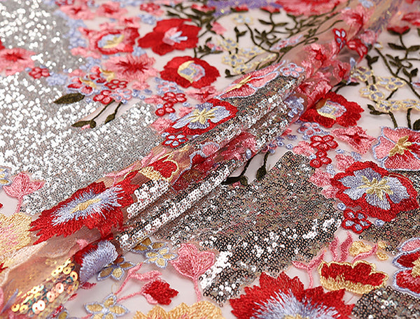 Multi Color Sequined Embroidery on Fine Coral Powder Tulle -  Italian Lace - 150 cm Wide - WIKILACES
