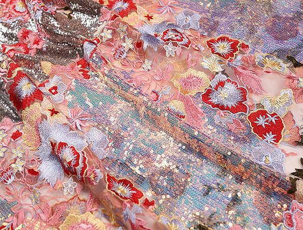 Multi Color Sequined Embroidery on Fine Coral Powder Tulle -  Italian Lace - 150 cm Wide - WIKILACES