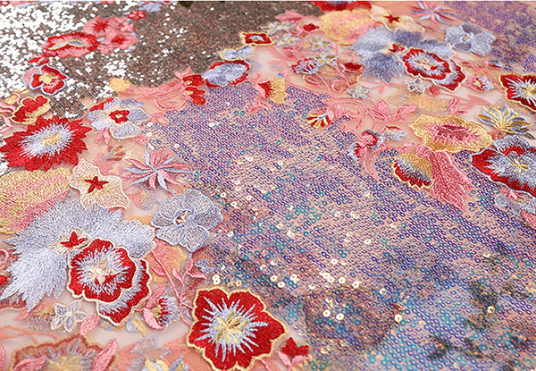 Multi Color Sequined Embroidery on Fine Coral Powder Tulle -  Italian Lace - 150 cm Wide - WIKILACES