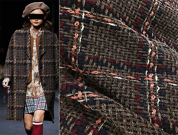 Brown Peach Navy Burgundy - French Tweed - 150 cm Wide.