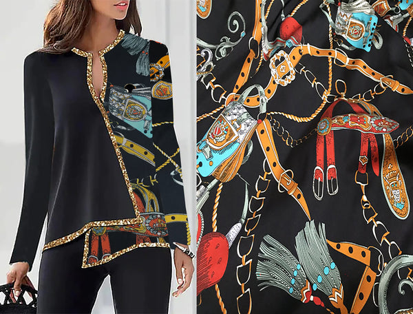 Multi Color Print on Black Background - Stretch Mulberry Silk Satin -113 cm Wide.