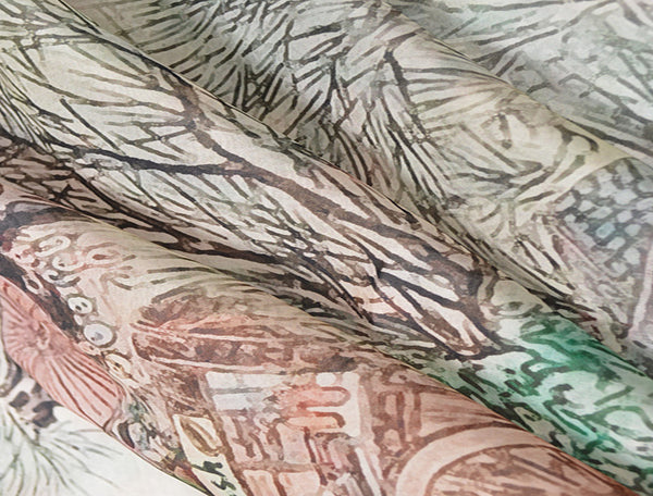 Multi Color Floral Print on Beige - French Silk Organza Eugene - 100%  Mulberry Silk - 14 MM - 138 cm Wide.