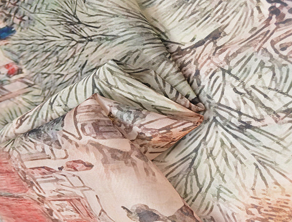 Multi Color Floral Print on Beige - French Silk Organza Eugene - 100%  Mulberry Silk - 14 MM - 138 cm Wide.