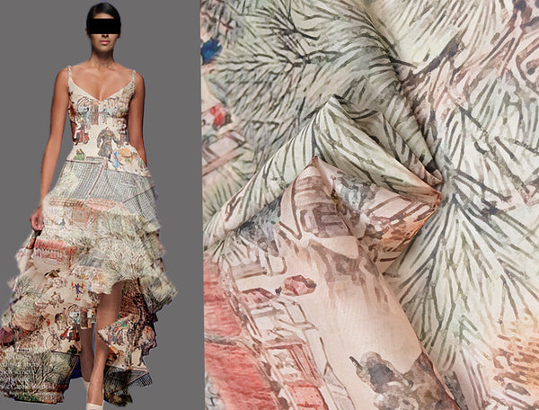 Multi Color Floral Print on Beige - French Silk Organza Eugene - 100%  Mulberry Silk - 14 MM - 138 cm Wide.