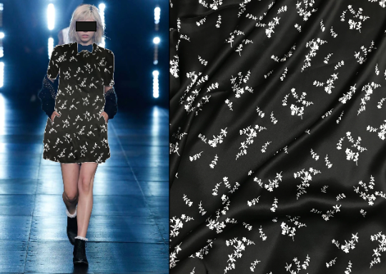 White Small Flowers on Black  Background - Stretch Mulberry Silk Satin - 19 MM - 140 cm Wide.