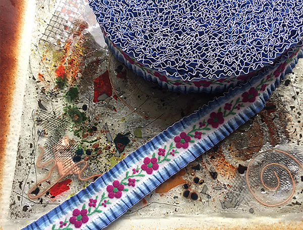 Pink/Yellow/Blue Ruffled  Elastic  - Embroidered Jacquard Ribbon - 1.1" Wide.