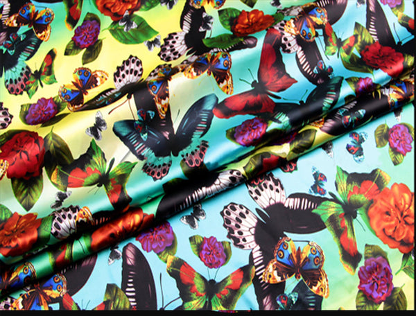 Multi Color Butterflies Print - Stretch Silk Satin - 108 cm Wide - WIKILACES
