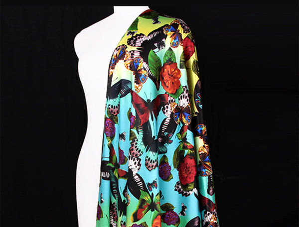 Multi Color Butterflies Print - Stretch Silk Satin - 108 cm Wide - WIKILACES
