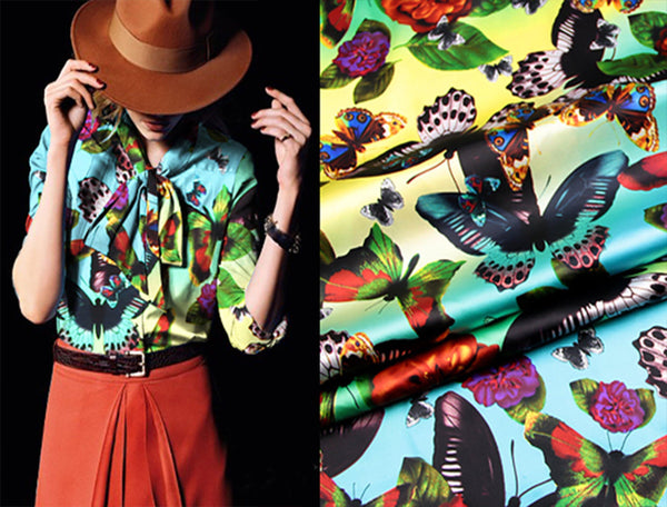 Multi Color Butterflies Print - Stretch Silk Satin - 108 cm Wide - WIKILACES