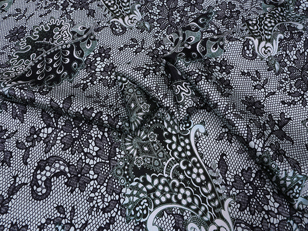 Black with Shades of Green Print on Natural White - Stretch Silk Satin - 140 cm Wide