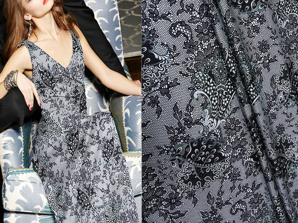 Black with Shades of Green Print on Natural White - Stretch Silk Satin - 140 cm Wide