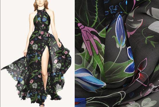 Multi Color Morning Glory Print on Black Background - Italian Mulberry Silk Chiffon - 130 cm Wide. - WIKILACES