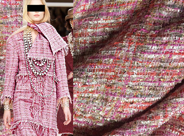 Shades of Pink White Orange and Grey w/Small Sequins - French Tweed - 150 cm Wide.