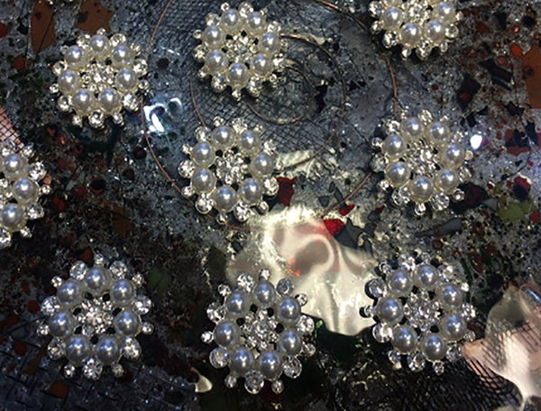 Pearls and Crystal on Silver Alloy Backing Buttons -  28 mm across.